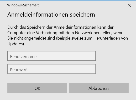 A gray window to save the log-in information, this time we're back to Windows 10 aesthetics! Two text-field: the first one for the username and the second one for the password. Then our classical two buttons: Ok and cancel.