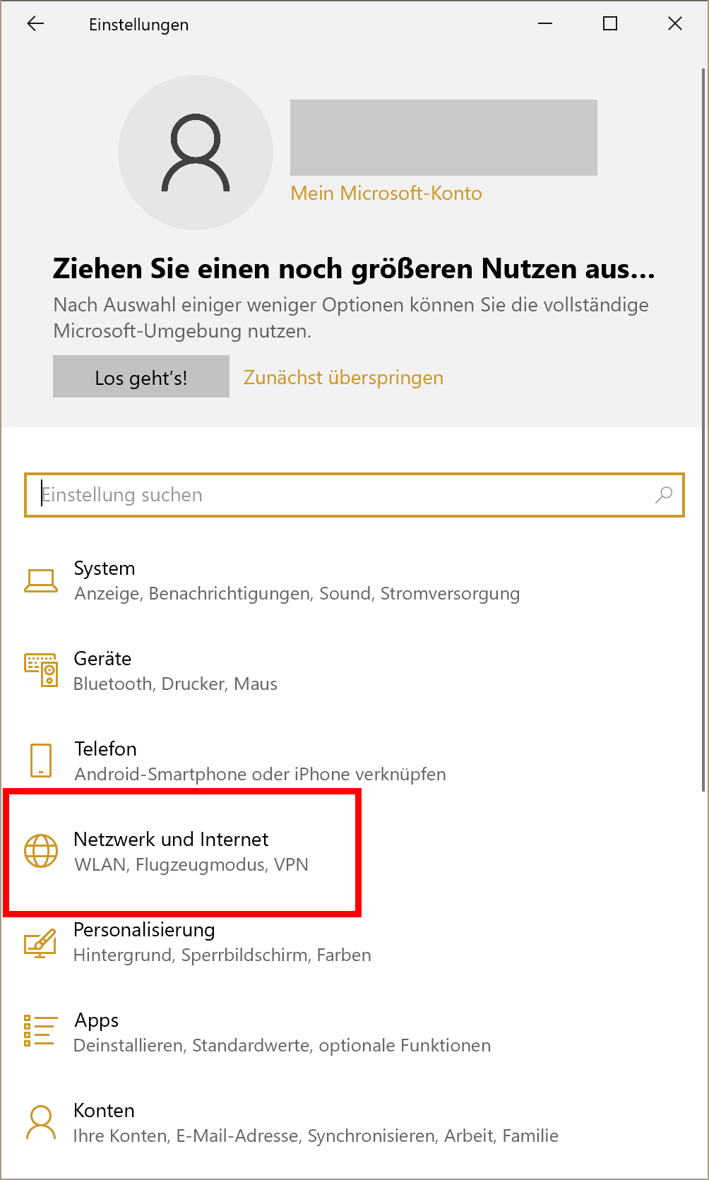 Screenshot of Windows Settings in German, with a profile photo, a search bar and then a menu with system, devices, telephone, networks and internet (this one is selected in a red rectangle) personalization, apps and accounts, all of them preceded by an icon 