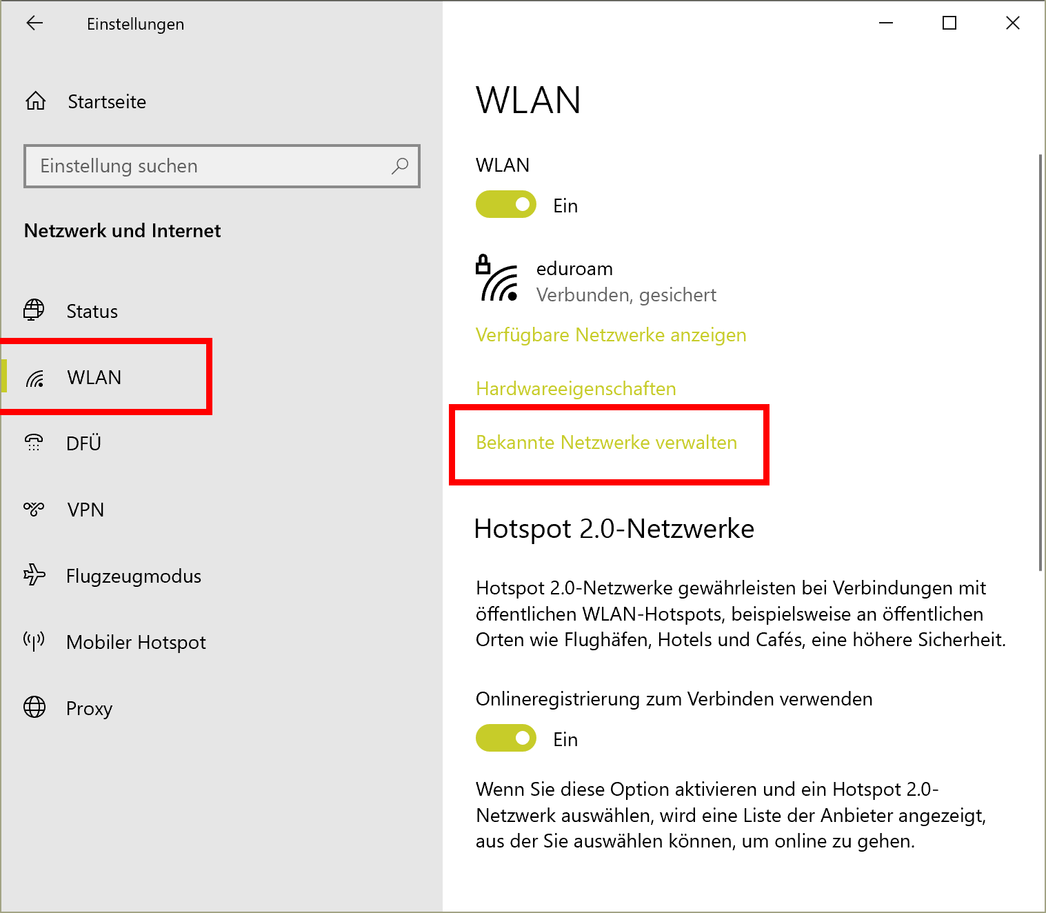 Screenshot of a German window with a gray panel on the left side with a search bar and a menu with status, WLAN, DFÜ, VPN, Flight mode, Hotspot and Proxy. The WLAN is framed in a red rectangle. On the white panel on the right, with the title WLAN, a commutator is activated; after, a point with three waves to indicate Wi-Fi and a lock, next to the text eduroam. Under three options in a lime text: show available networks; hardware properties and manage known networks, the last one framed in a red rectangle. Under the "Hotspot 2.0-Network" Options with some text and an active commutator.