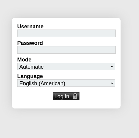 Screenshot of the webmail login panel: a white rounded rectangle over a gray background. There are two text fields (username and password) and two dropdown fields: Mode which is set in automatic and Language which is set in English (American). After that a black login button with a locker next to it.